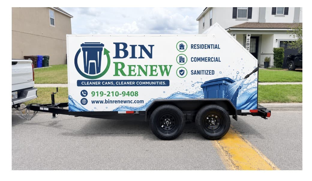 Bin Renew NC branded mobile cleaning trailer in a Triangle neighborhood